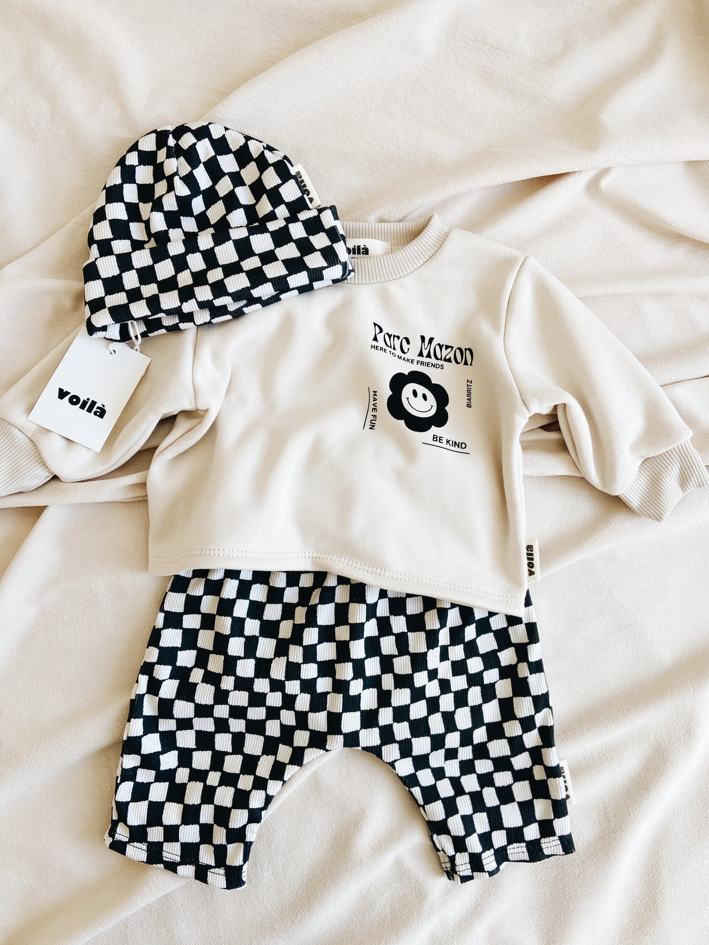 Sarouel Motif Damier Charbon Coton Bio