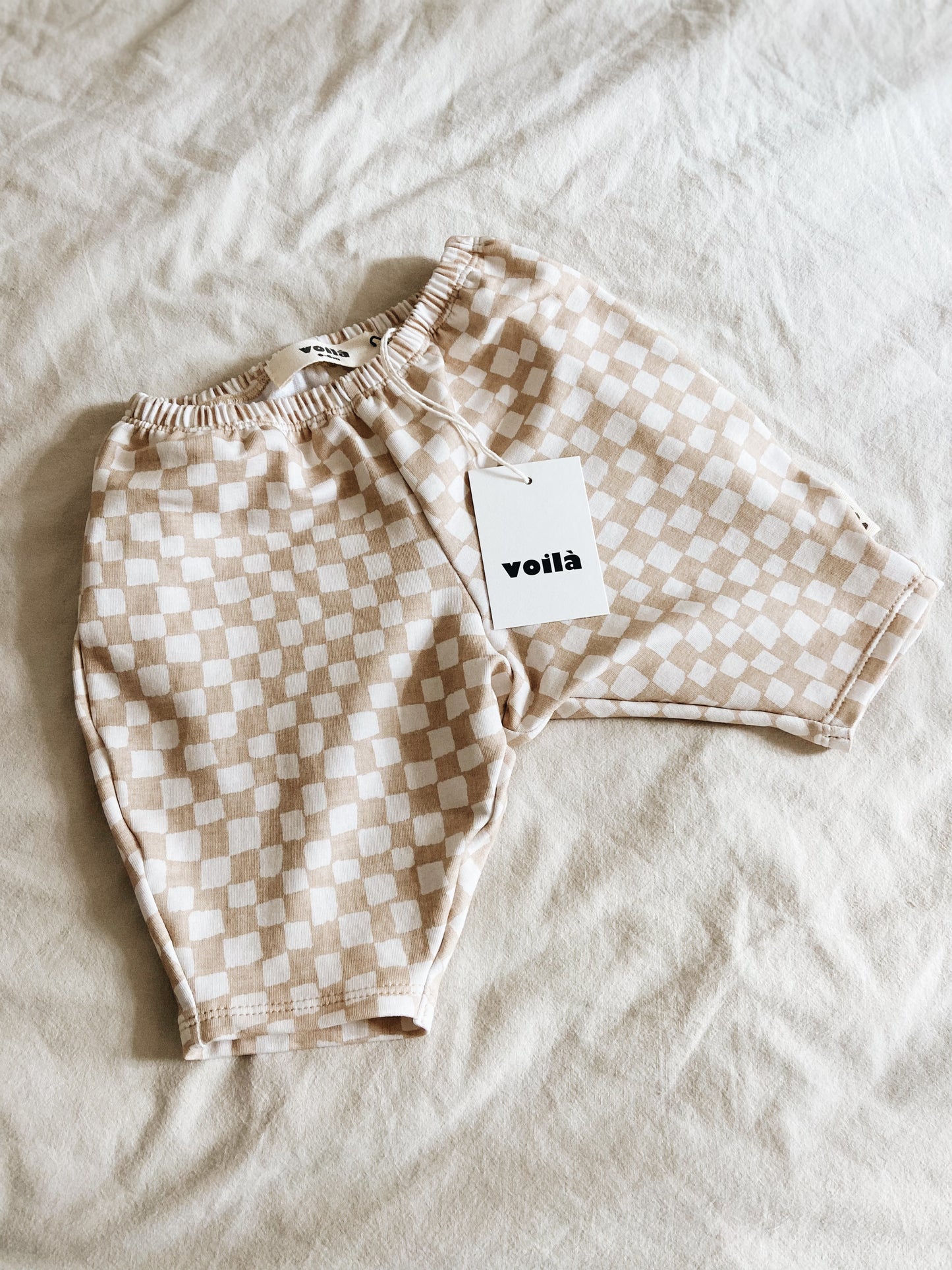 Pantalon Loose Motif Damier Beige Coton Bio