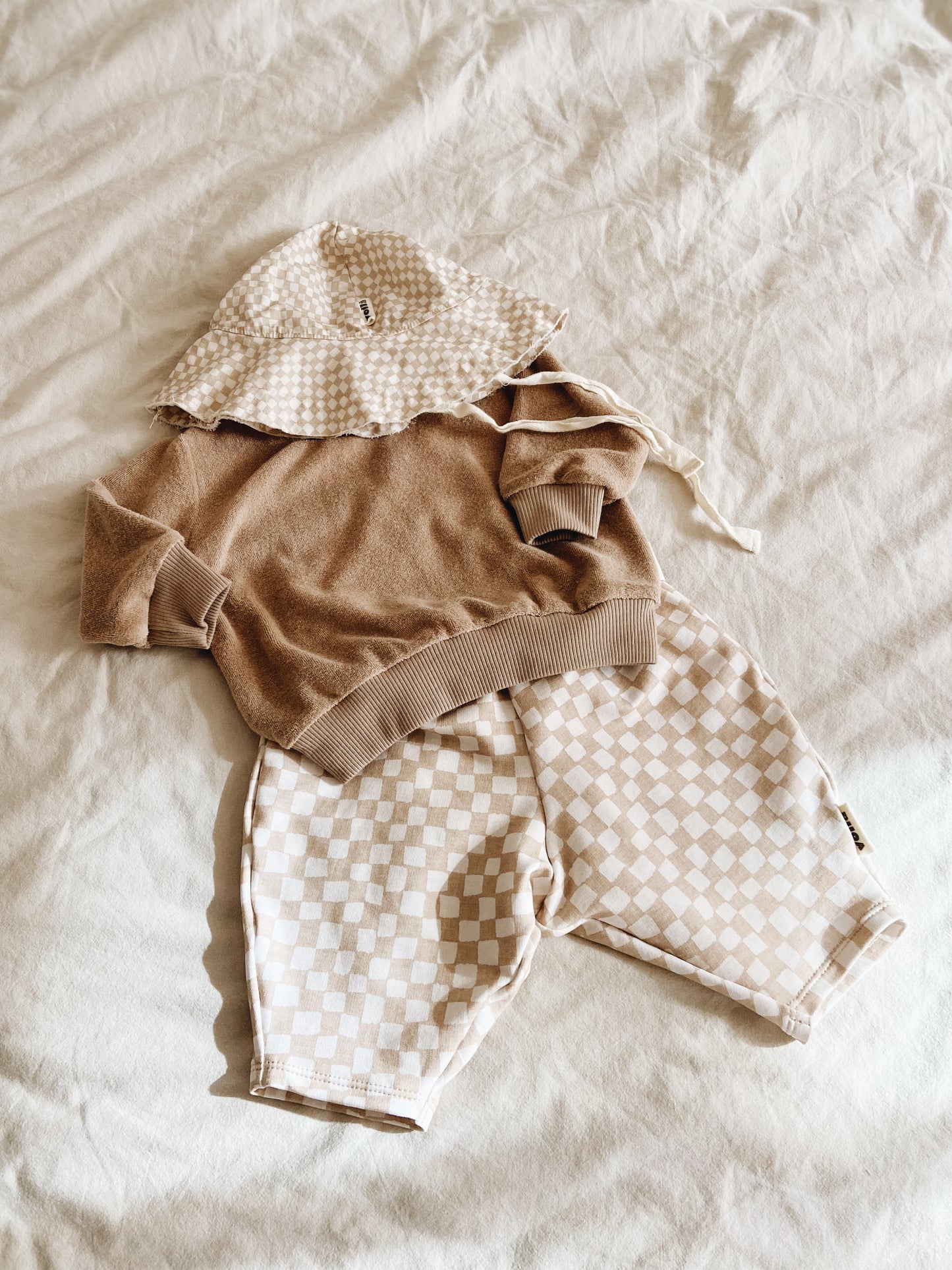 Pantalon Loose Motif Damier Beige Coton Bio