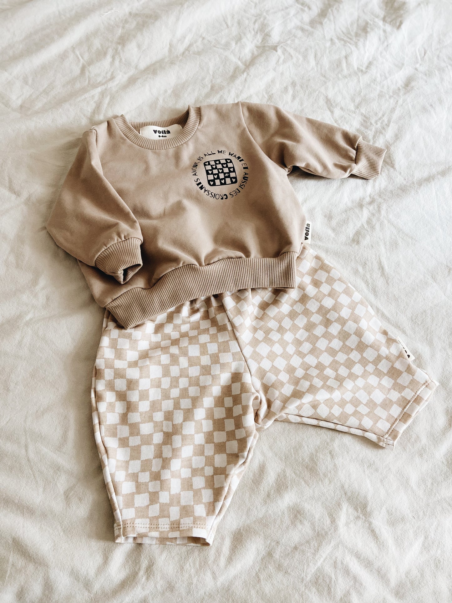 Pantalon Loose Motif Damier Beige Coton Bio